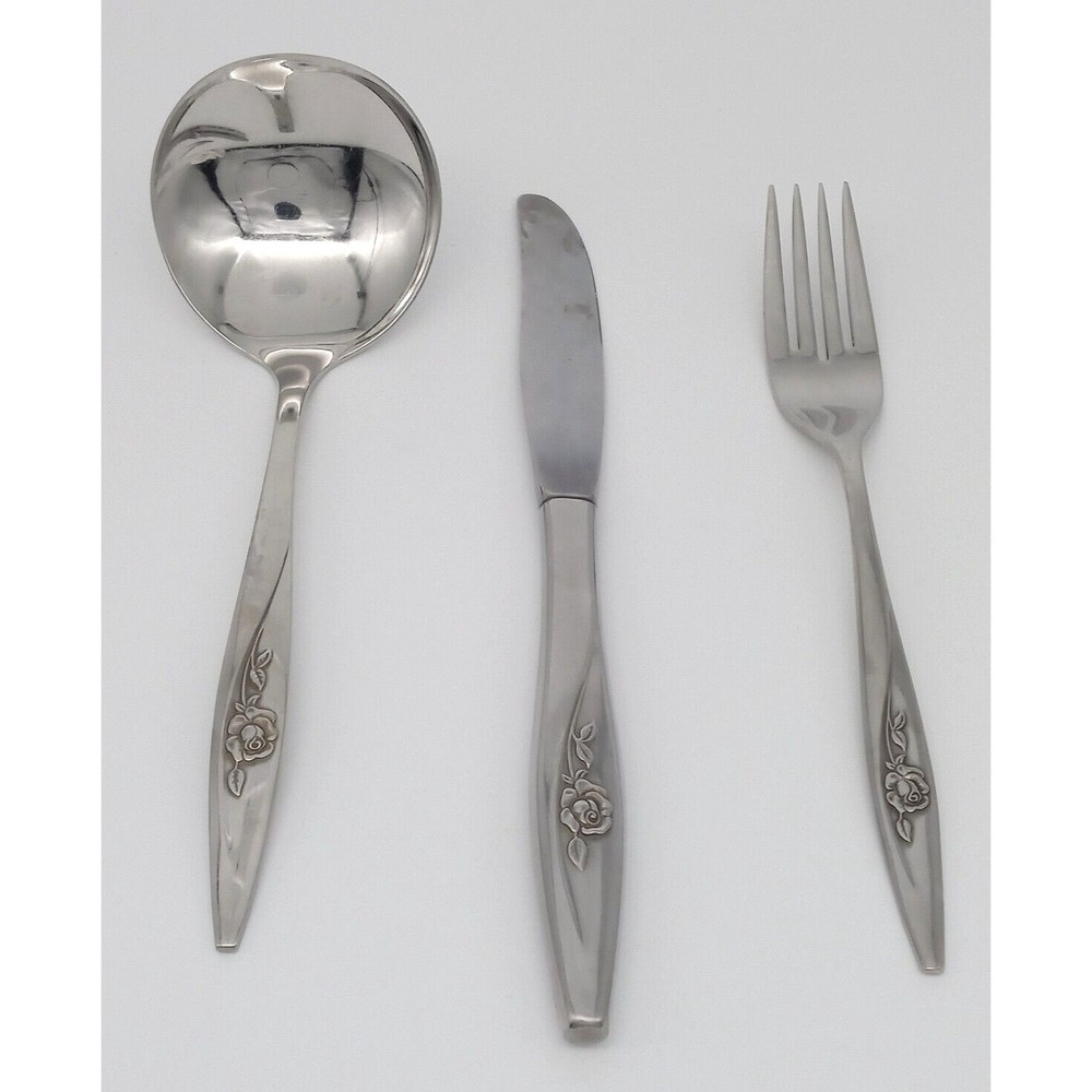 Oneida Stainless Ladle Fork Knife Flatware Craft Deluxe Lasting Rose Vintage
